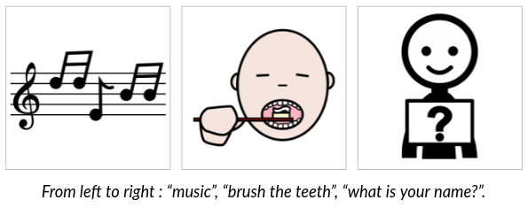 From left to right: “music”, “brush the teeth”, “what is your name?”.